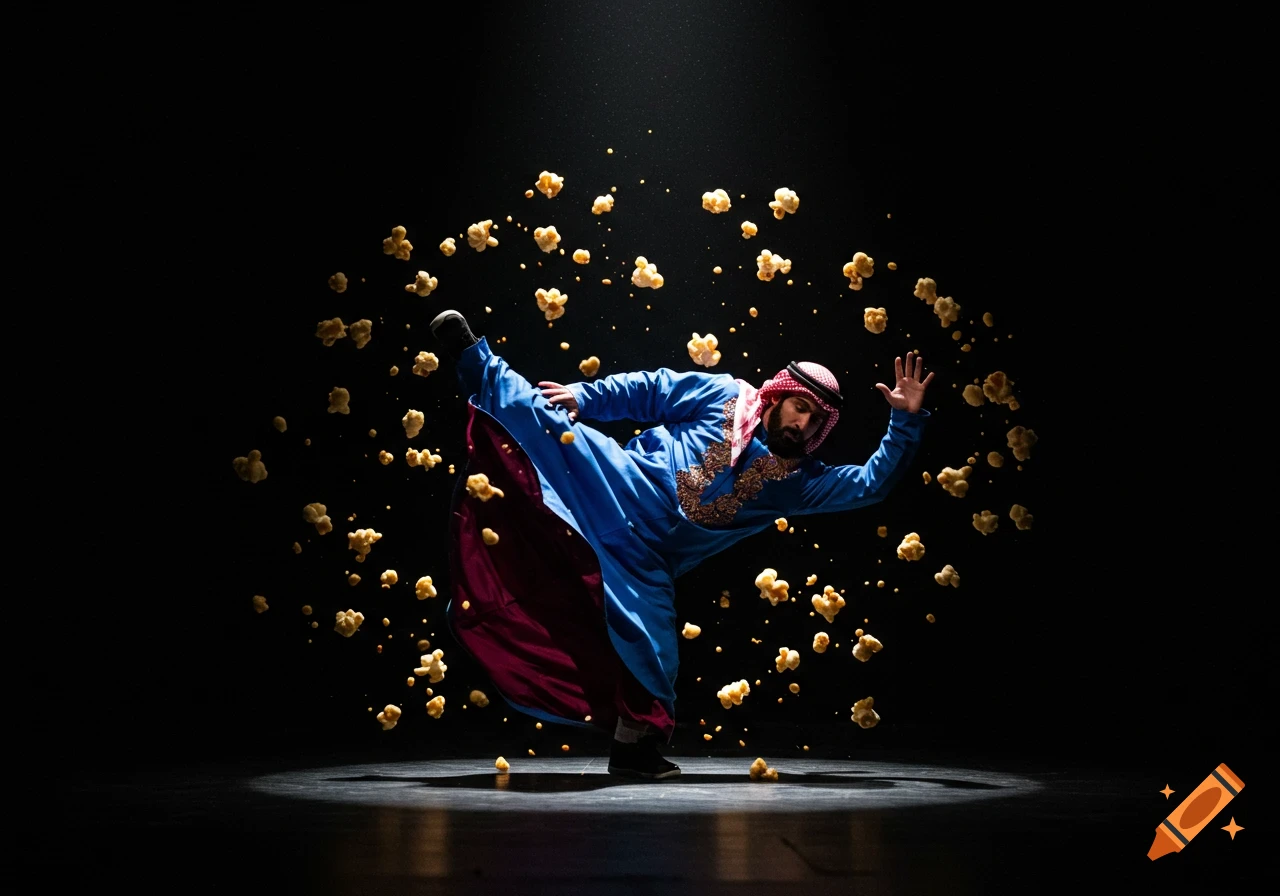 A bearded man in a blue robe and red keffiyeh breakdances on a dark stage, surrounded by floating popcorn.