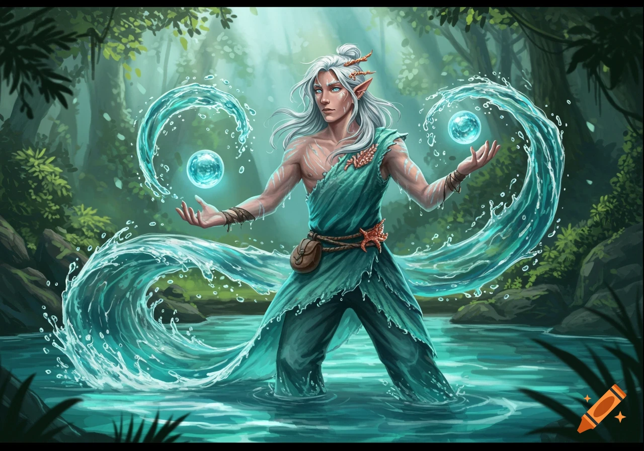 A male elf-like figure with white hair and pointed ears stands in a forest river, manipulating glowing water orbs and water currents around him.