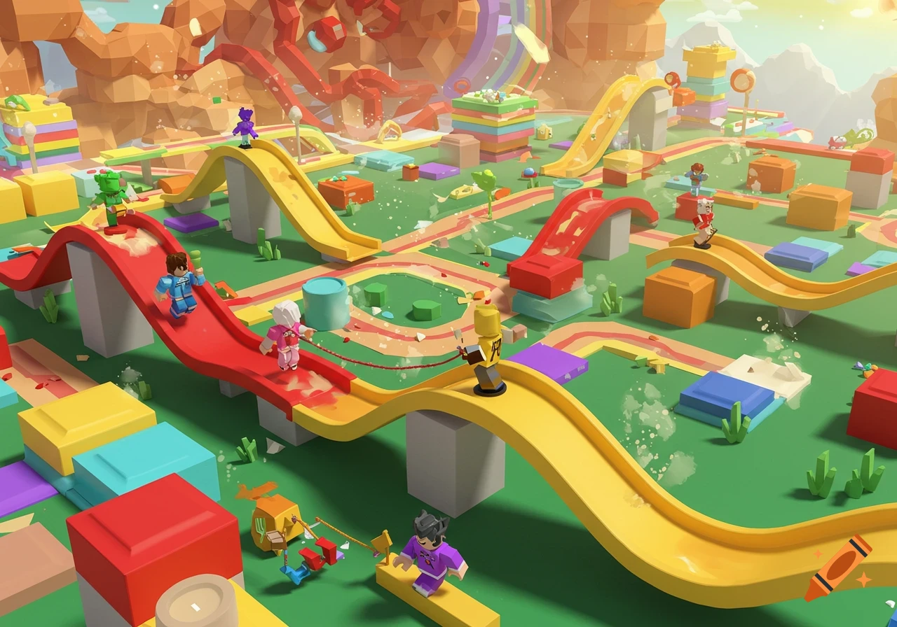 Colorful, blocky Roblox-style parkour course with multiple slides and pathways. Several Roblox avatars navigate the course from a slanted bird's eye view.