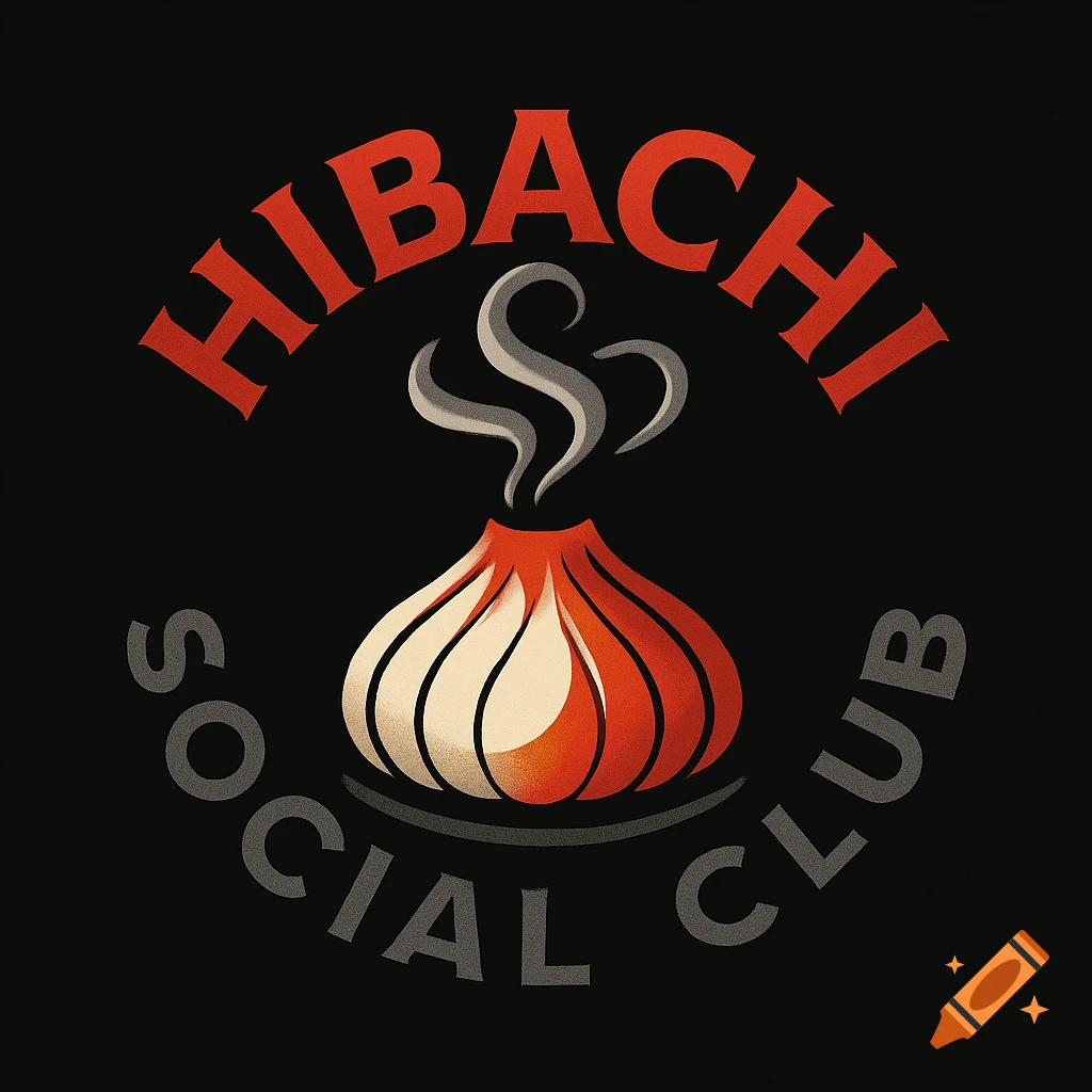 A vintage-style logo for 'Hibachi Social Club' featuring a steaming onion volcano in red and white on a black background.