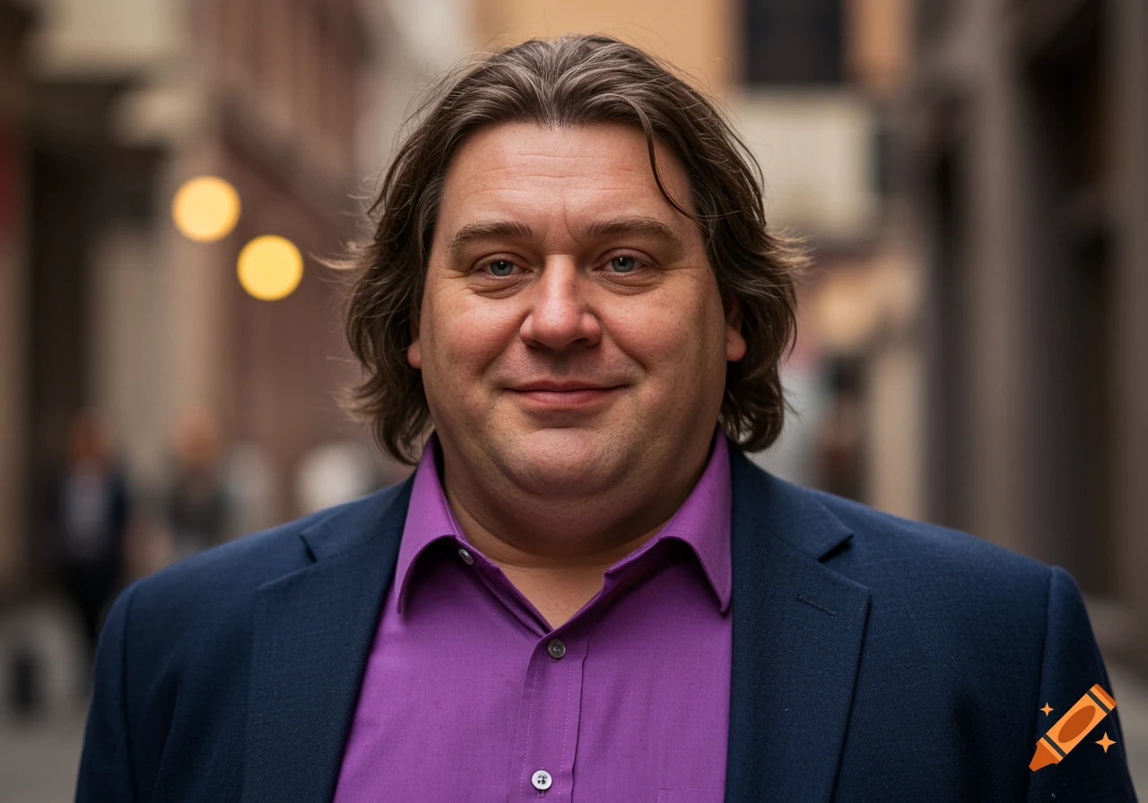 A smiling man with brown hair in a purple shirt and navy blazer stands in a blurred urban setting.
