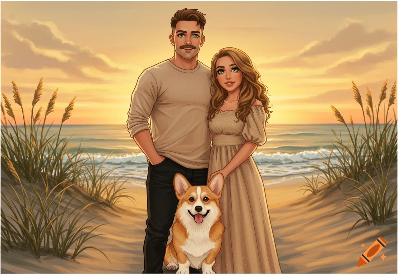 A cartoon couple and their Corgi dog pose on a sandy beach with tall grass at sunset.