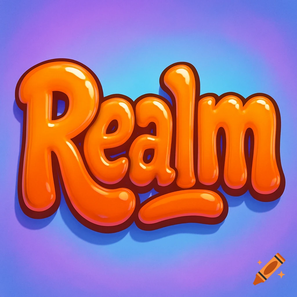 The word Realm in glossy orange bubble letters against a blue and purple gradient background.