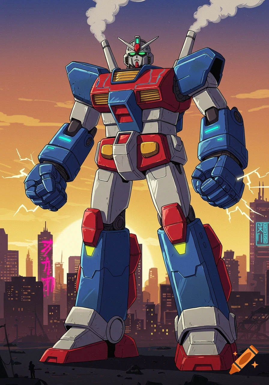 A giant red, white, and blue anime-style mecha robot stands in a futuristic city at sunset, with smoke rising from its shoulders.