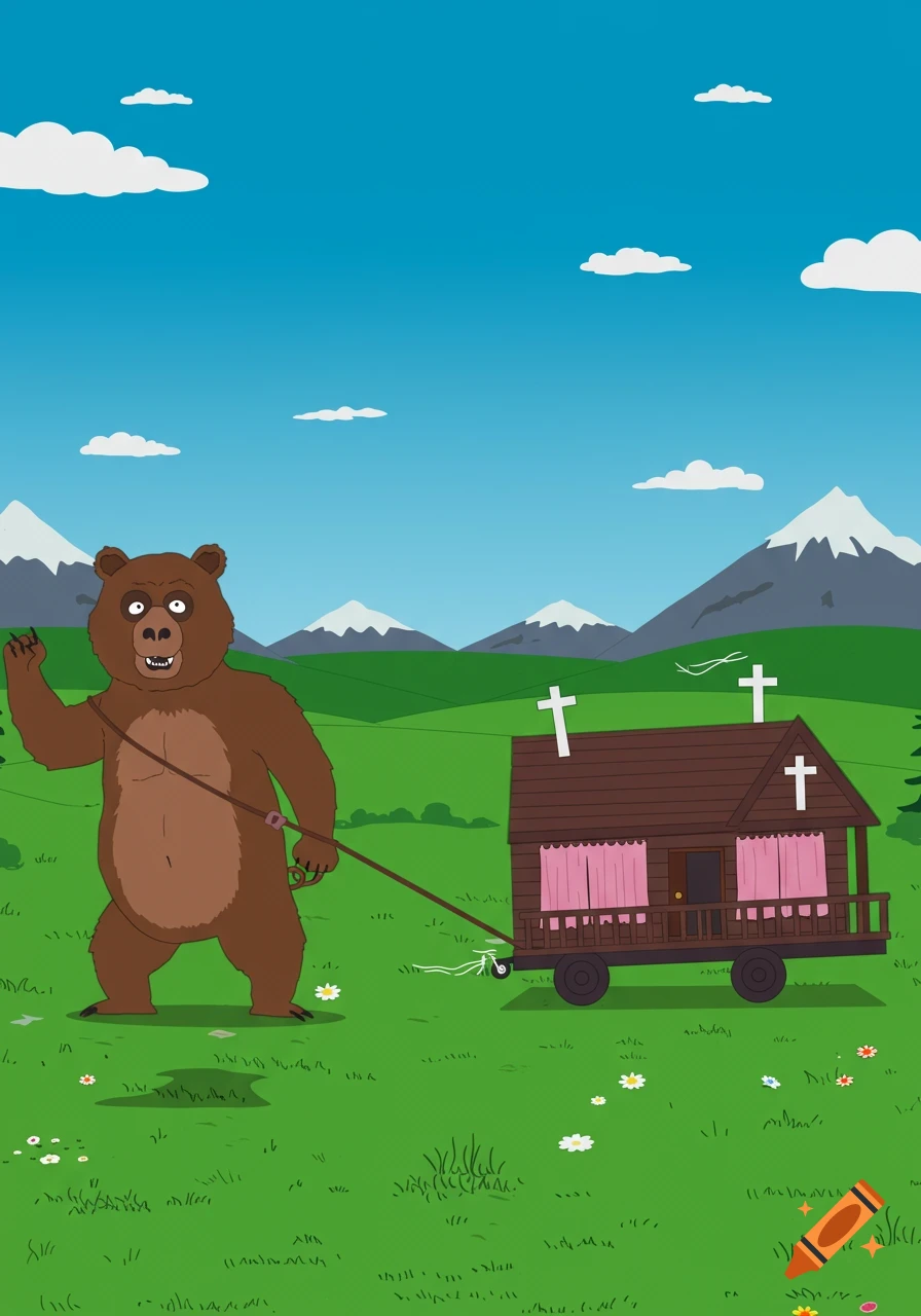 Cartoon Man-Bear-Pig from South Park dragging a Christian girls summer camp lodge in a grassy field.