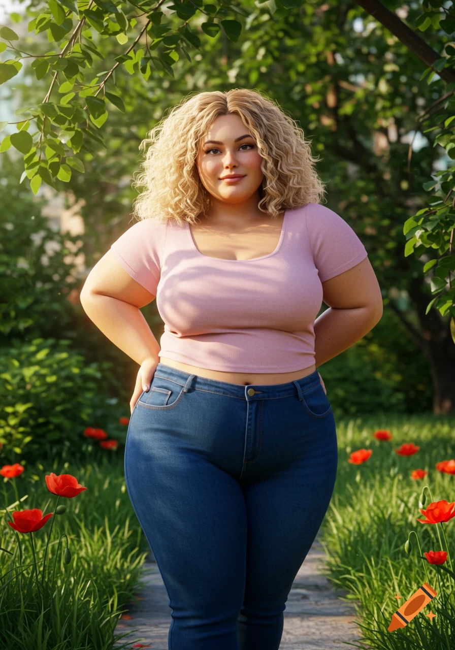 A smiling blonde woman in a pink shirt and jeans stands on a path surrounded by green foliage and red flowers.