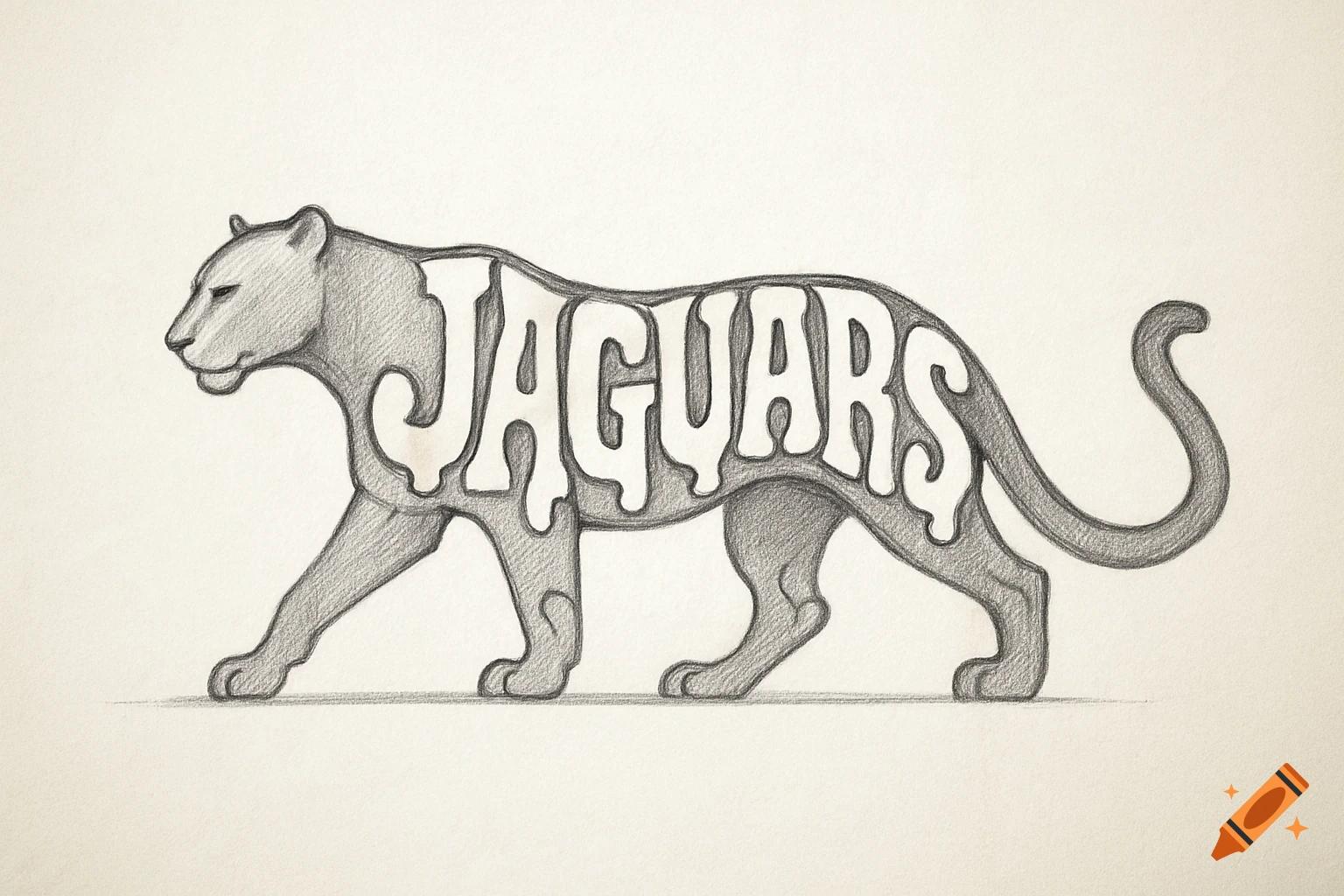 Hand-drawn pencil sketch of a jaguar walking, with the word 'JAGUARS' integrated into its body in a stylized, connected font.
