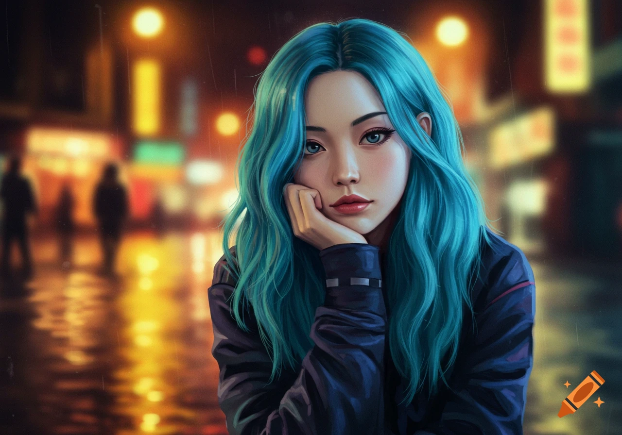 Digital painting of a young woman with long blue hair, chin resting on her hand, against a blurry urban night background.