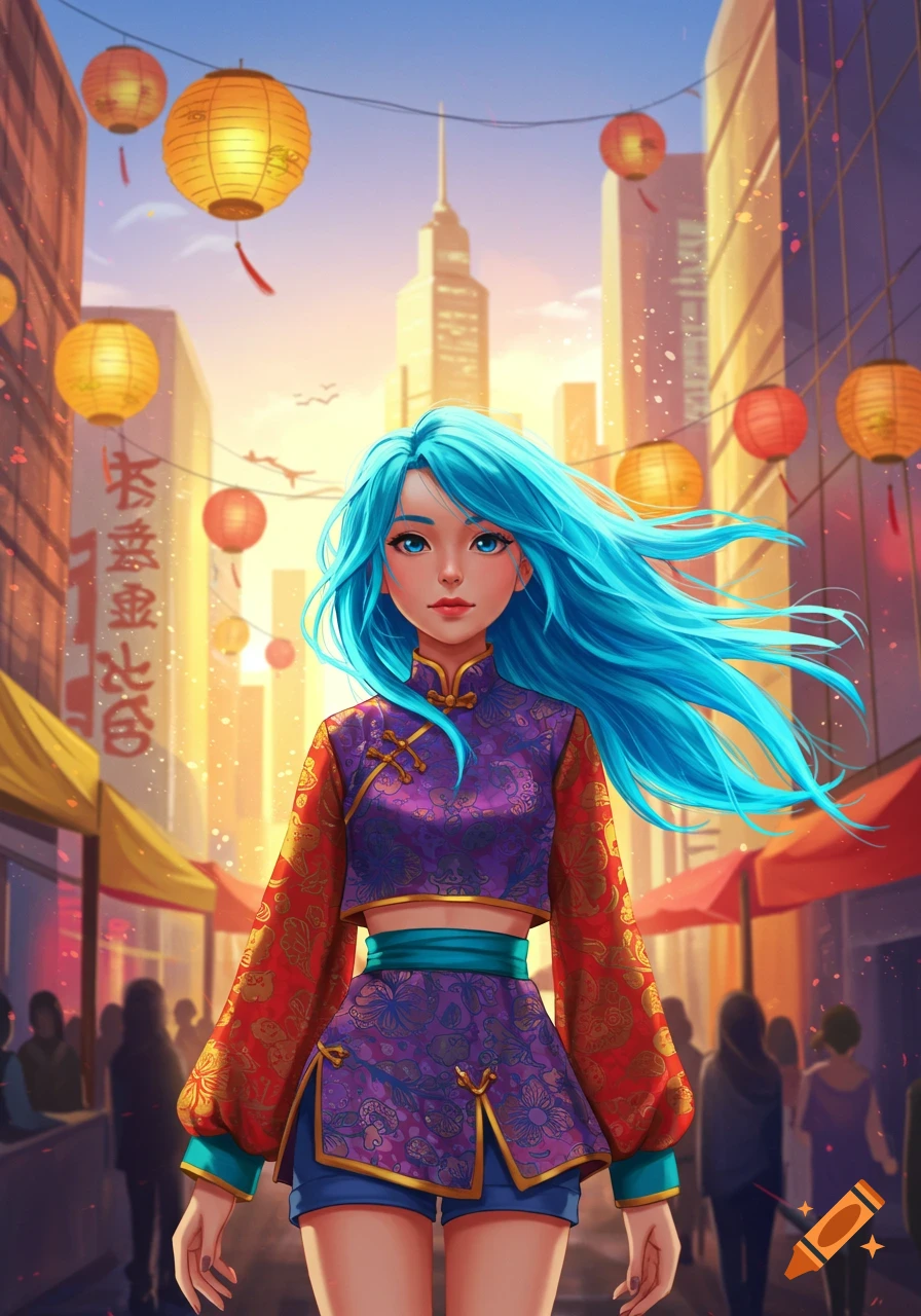 An anime-style girl with bright blue hair stands in a vibrant city street adorned with lanterns and tall buildings.