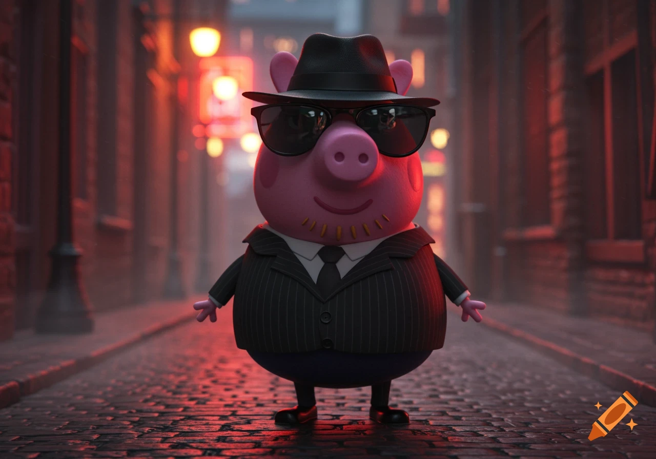 A 3D render of Peppa Pig as a gangster, wearing a pinstripe suit, fedora, and sunglasses, standing in a dark, red-lit alley.