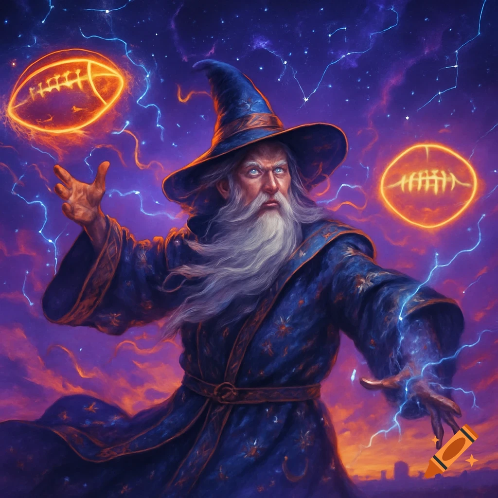 A wizard with a long white beard casts a spell, making two glowing footballs float in a starry, lightning-filled sky. Digital art.