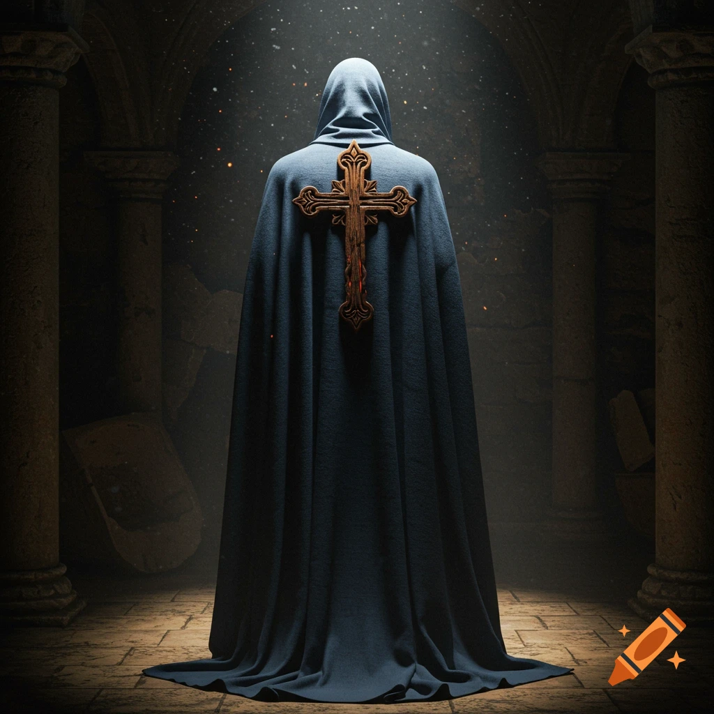 A cloaked figure with a large ornate wooden cross on their back stands in a dark, atmospheric ancient stone hall with light rays.