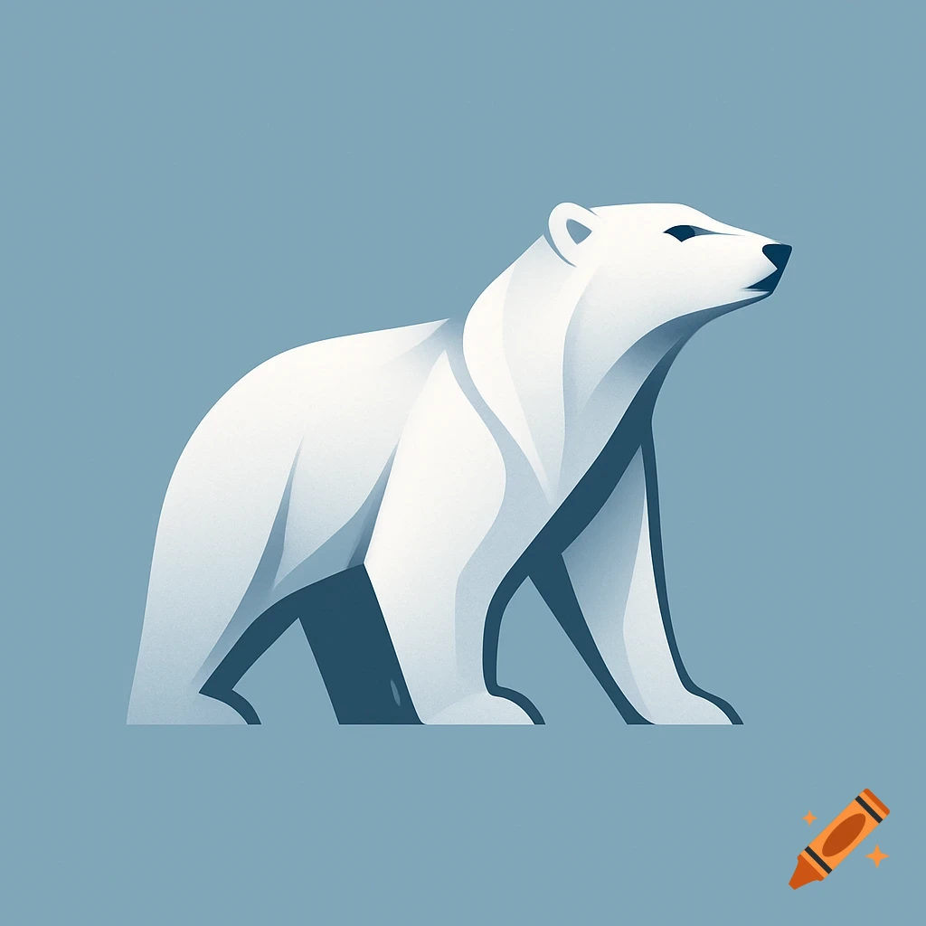 A stylized white polar bear logo with blue shadows on a light blue background, depicted in a modern, geometric style.