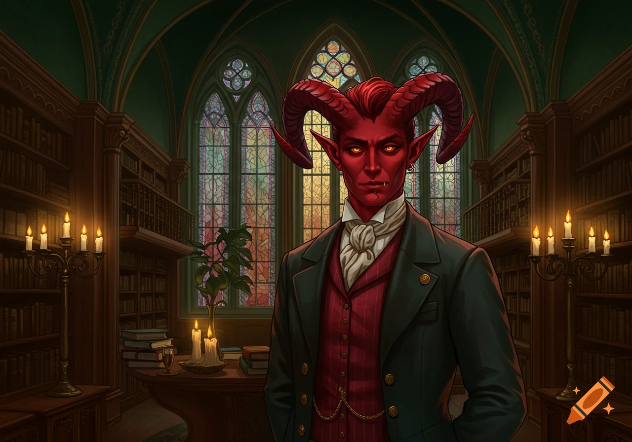 A red-skinned tiefling in a suit stands in a dark, ornate library with stained-glass windows.