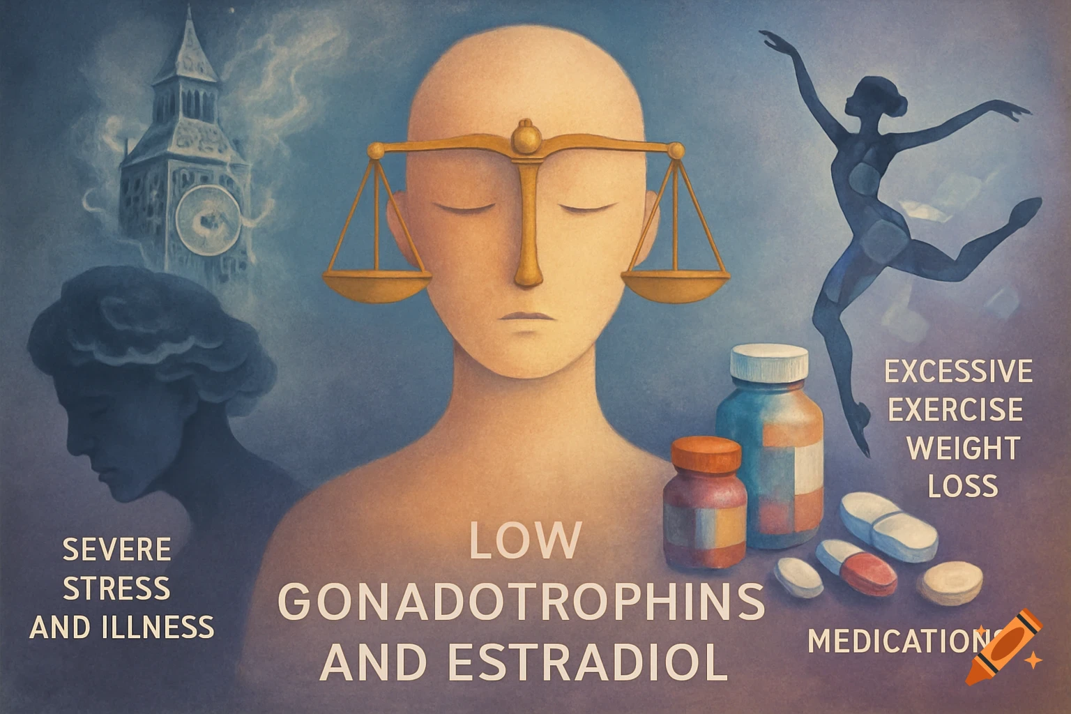 Conceptual illustration depicting causes of low gonadotrophins and estradiol, including severe stress, illness, excessive exercise, weight loss, and medications, with a central figure and symbolic elements.