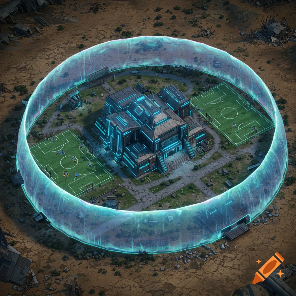 Top-down view of a futuristic academy building with glowing blue details, surrounded by a forcefield and soccer fields in a wasteland.