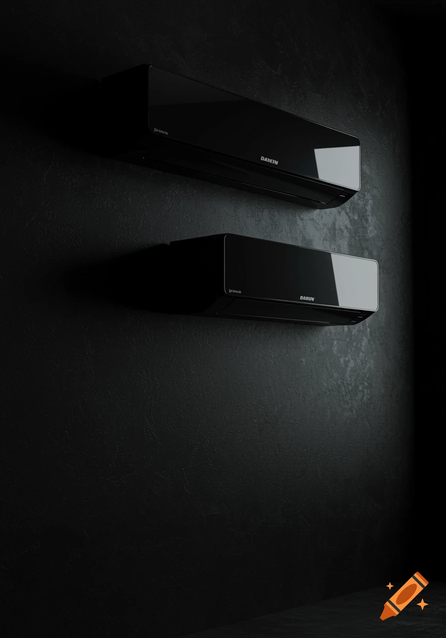 Two sleek black Daikin air conditioning units mounted on a dark, textured wall in a minimalist, photorealistic style.