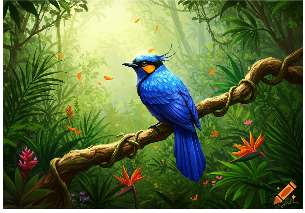 A vibrant blue tropical bird with orange markings sits on a tree branch in a lush, green jungle with sunlight and falling orange petals.