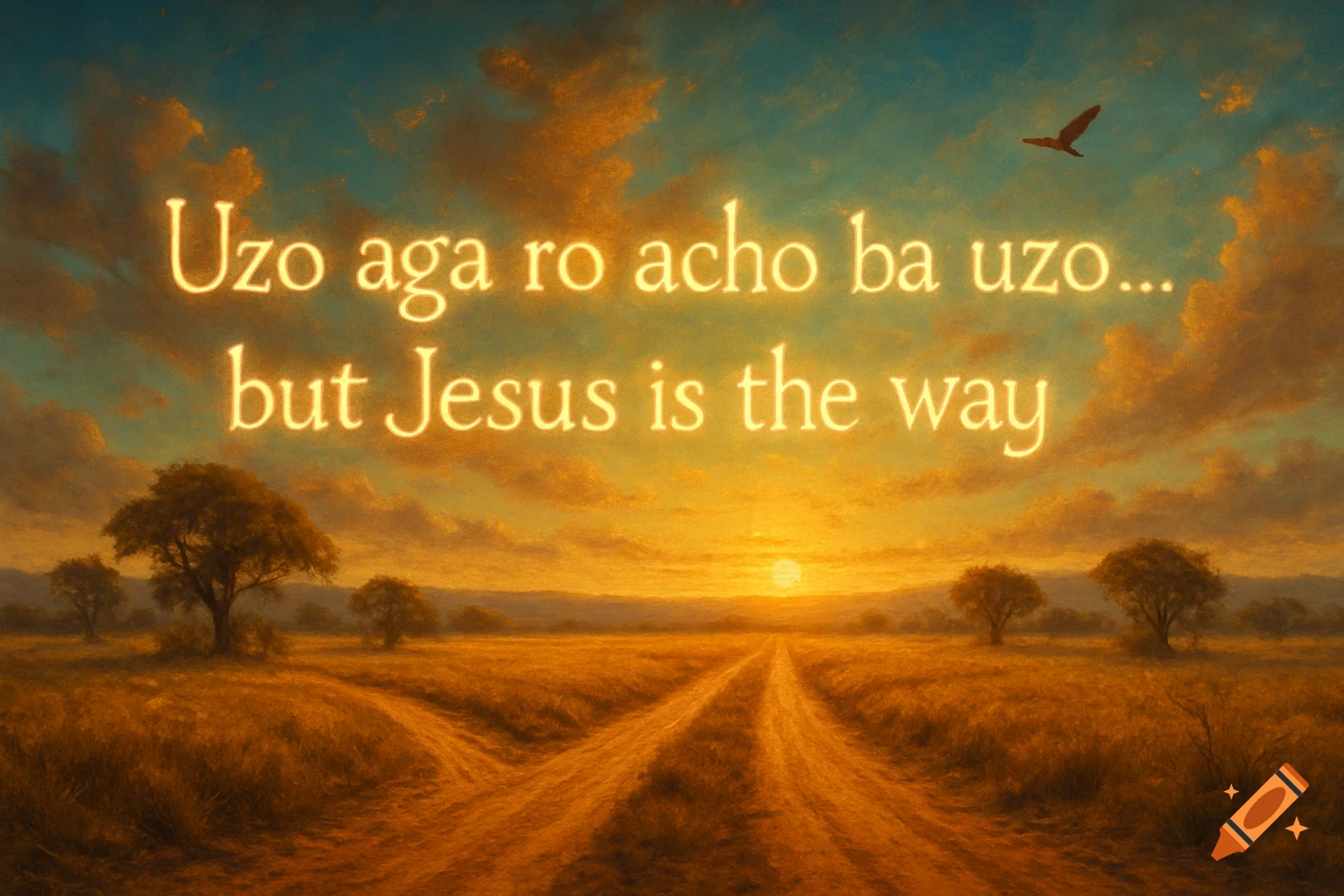 A digital painting of two dusty roads splitting in a field towards a bright sunset, with glowing text 'Uzo aga ro acho ba uzo... but Jesus is the way' in the sky.