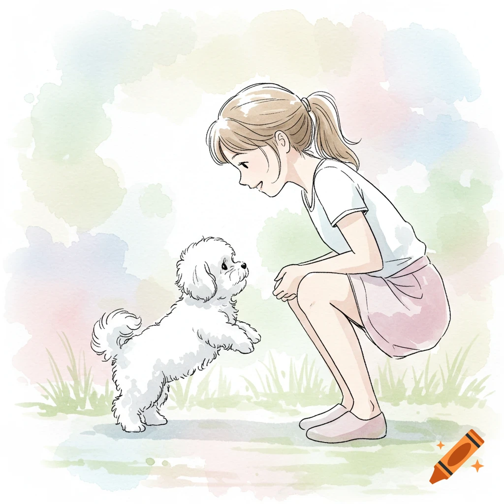 A watercolor line drawing of a girl crouching and smiling at a white bichon puppy standing on its hind legs in a grassy field.
