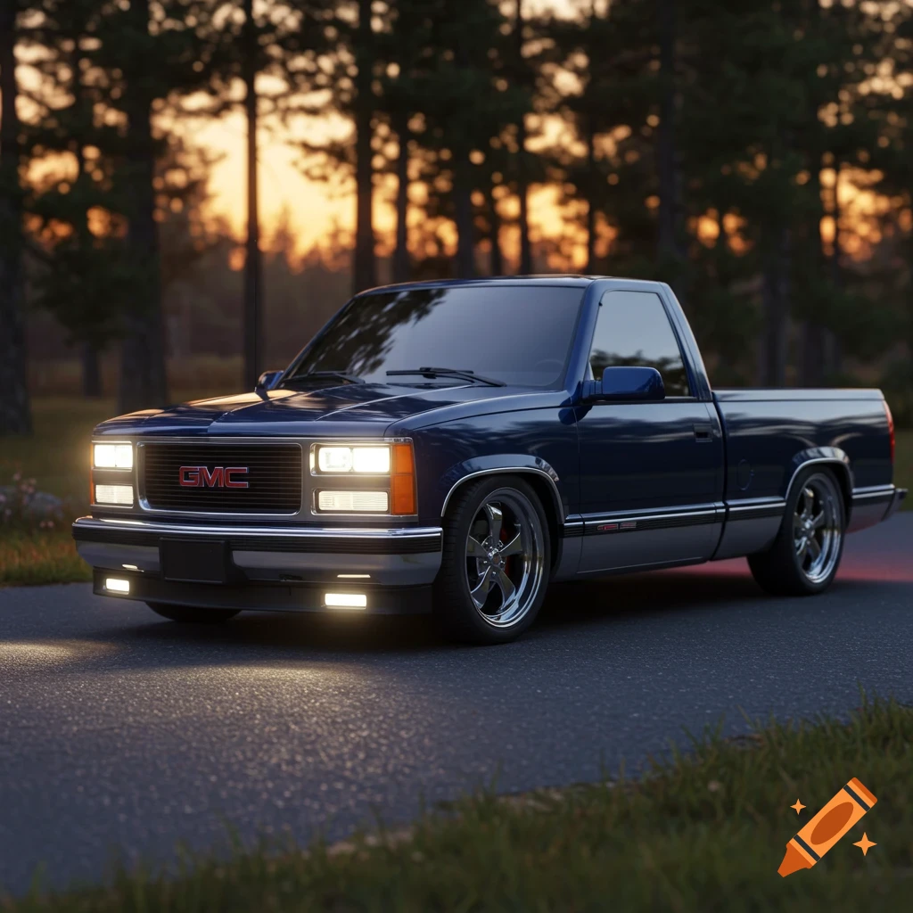 A blue 1997 GMC Sierra truck with LED headlights and custom rims parked on a road at sunset.