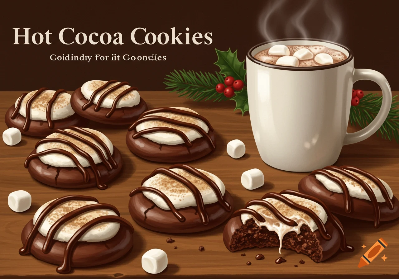 Chocolate cookies topped with marshmallows and chocolate drizzle, next to a steaming mug of hot cocoa and holly on a wooden table.