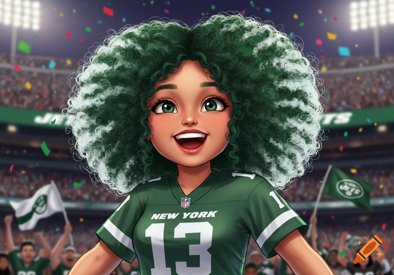 A smiling cartoon woman with curly green hair in a New York Jets jersey at a stadium.