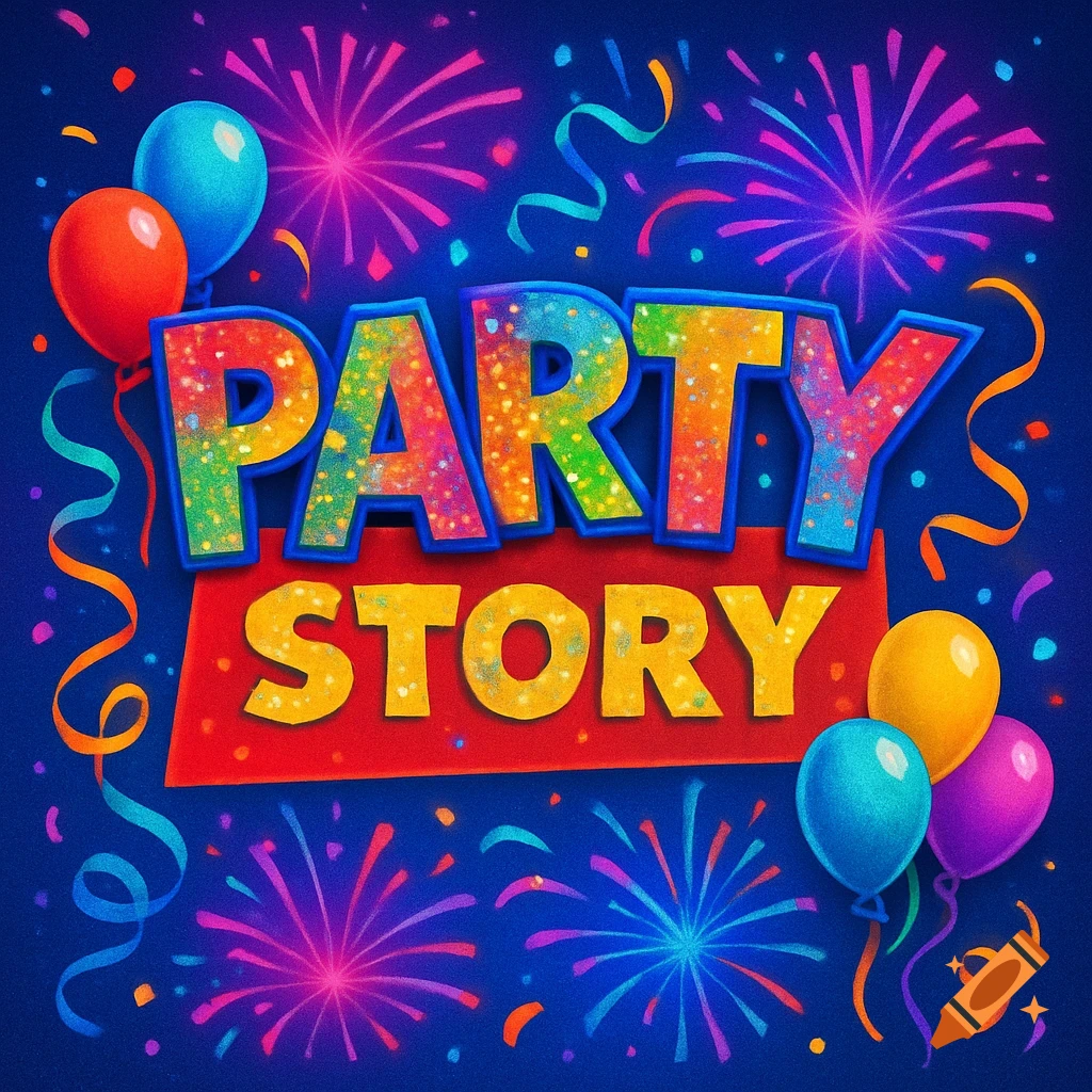 Colorful, glittery text reading 'PARTY STORY' surrounded by balloons, confetti, and fireworks on a dark blue background.
