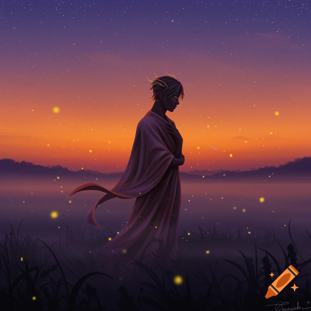 A silhouetted figure in a flowing robe stands in a field with glowing fireflies under a starry, orange and purple sunset sky.