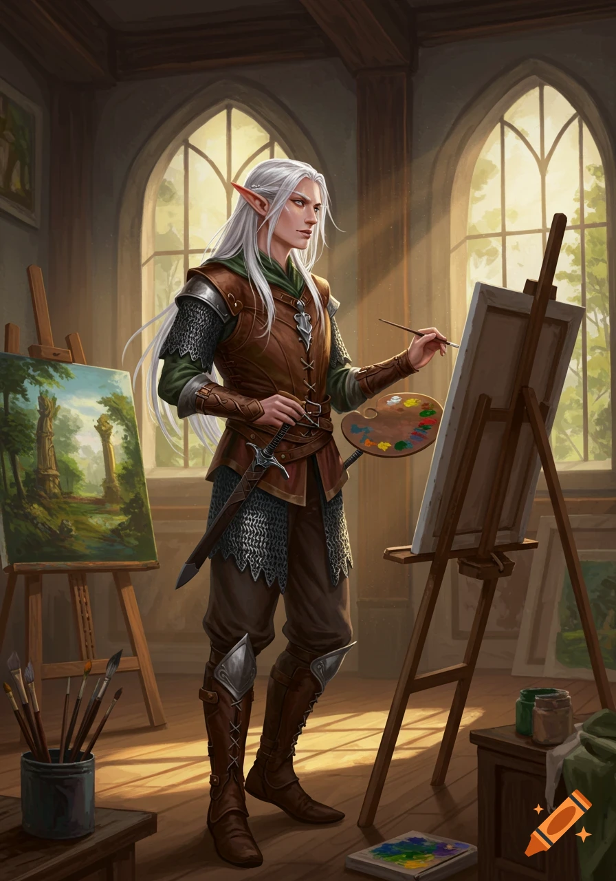 An elf with long white hair and pointed ears, dressed in chainmail and leather armor, paints a landscape on an easel in a sunlit studio.