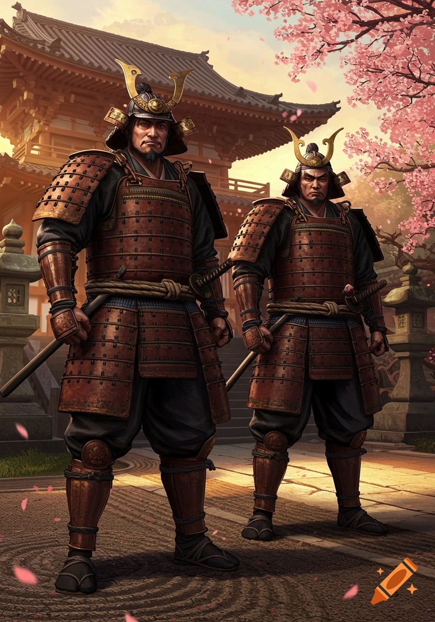 Two samurais in traditional armor stand in front of a Japanese temple with cherry blossoms.