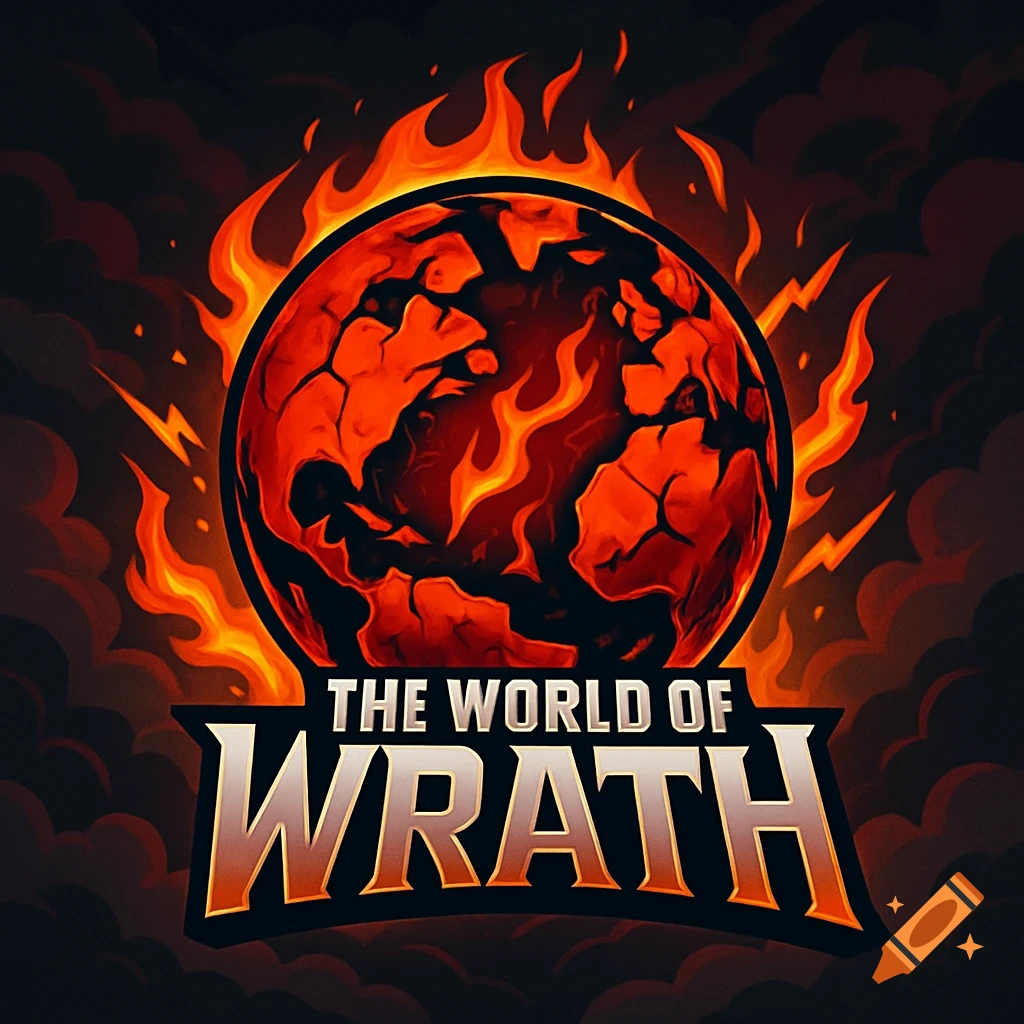 Cartoon logo featuring a fiery, cracked planet with flames behind it, and the text 'The World Of Wrath' in bold, stylized letters below.