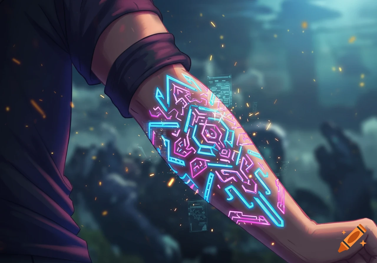 A person's arm with a glowing, intricate neon blue and pink geometric tattoo in an anime style. Sparks float in a dark, blurred background.