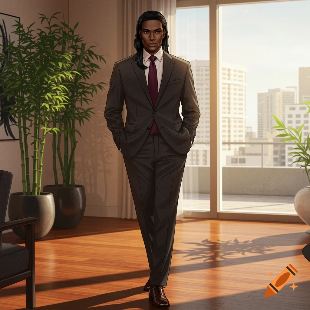 A man with dark skin and long black hair in a suit and tie stands in a modern office with large windows overlooking a city.