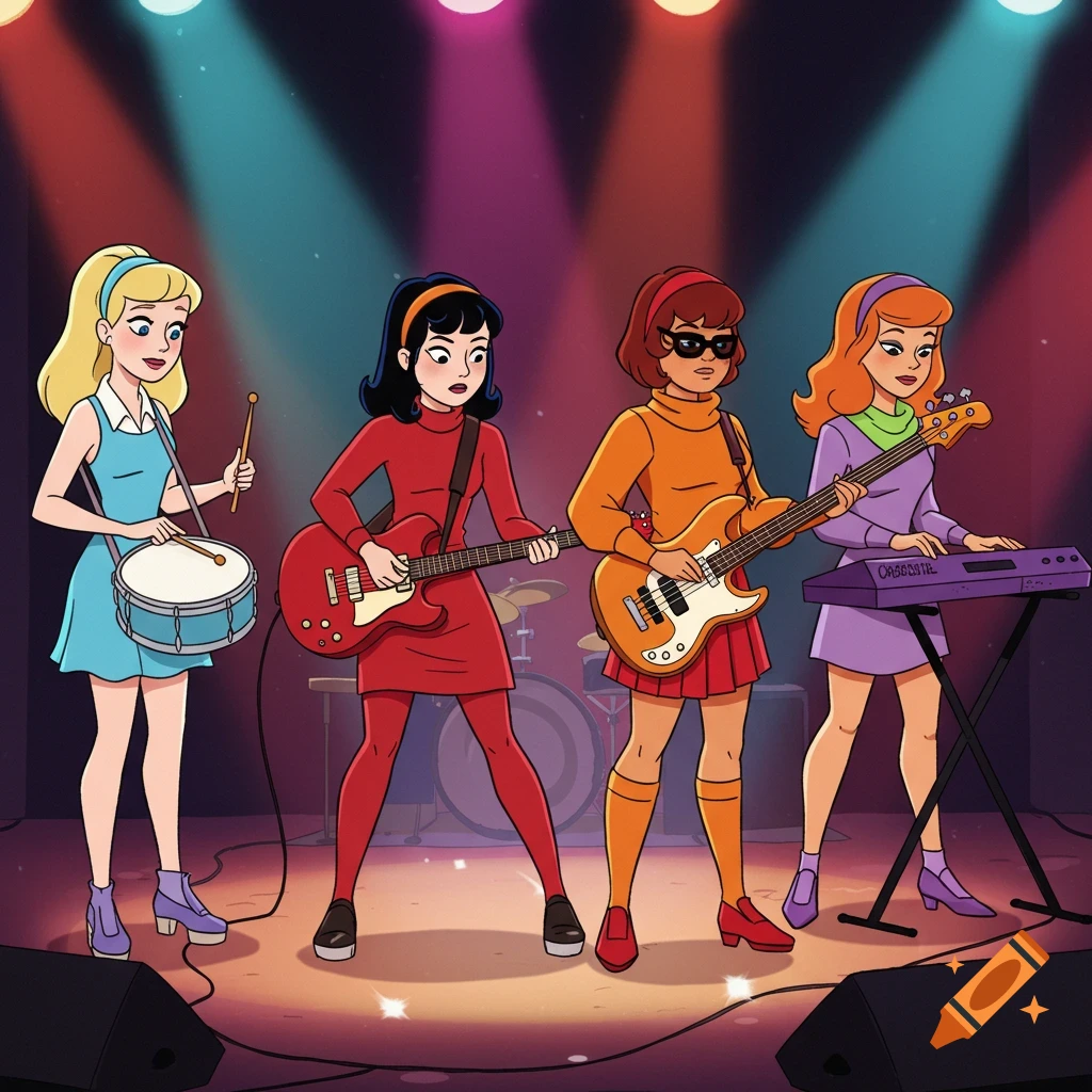 Four animated female characters resembling Betty, Veronica, Velma, and Daphne play instruments on a stage with spotlights.