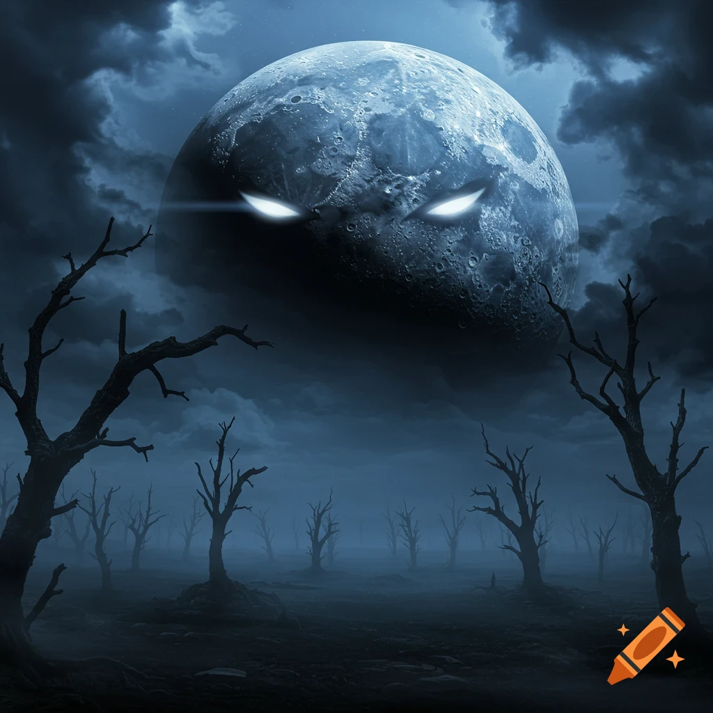 An ominous moon with glowing white eyes looms over a dark, misty landscape filled with bare, gnarled trees under a cloudy sky.