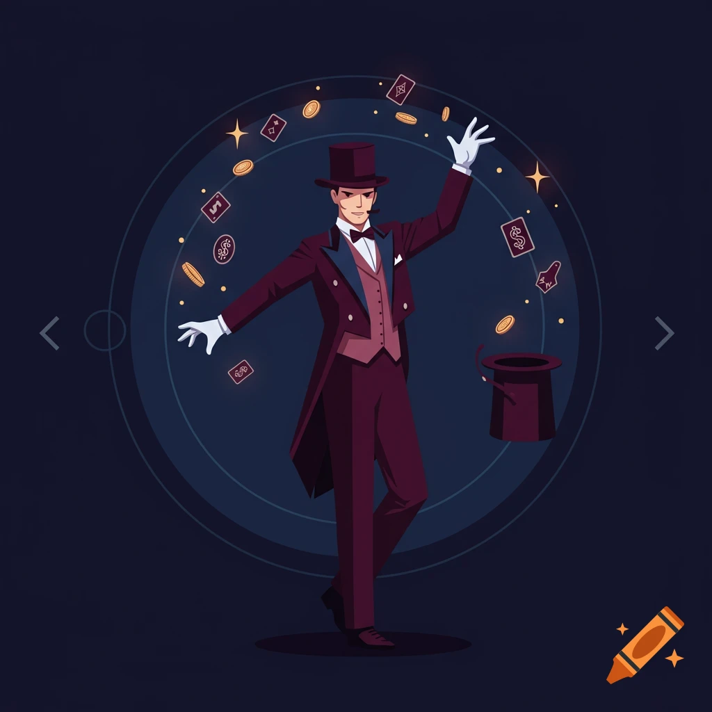 An illustrated magician in a suit and top hat performs telekinesis, surrounded by levitating cards and coins.