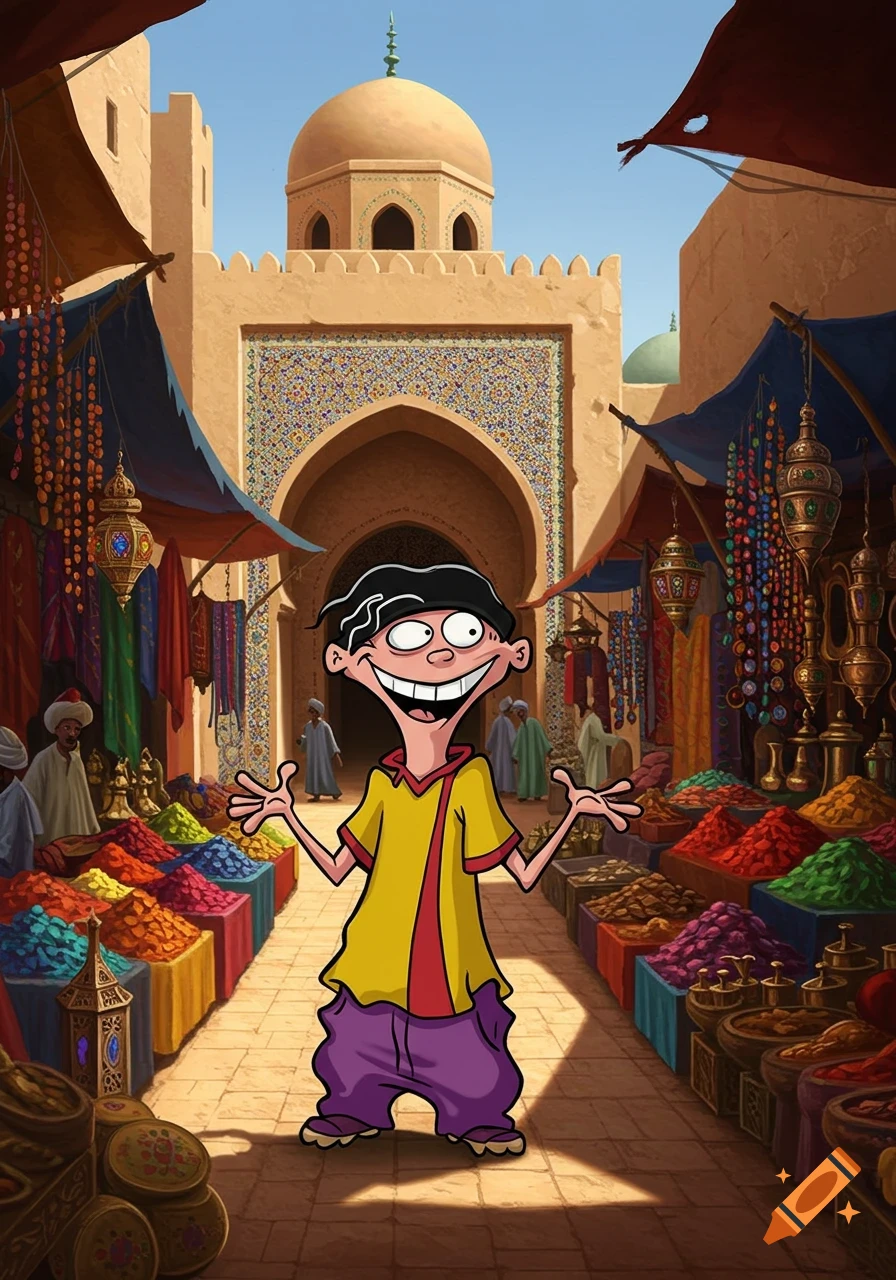 Eddy from Ed, Edd n Eddy stands in a vibrant Middle Eastern market with spice stalls and an arched building.
