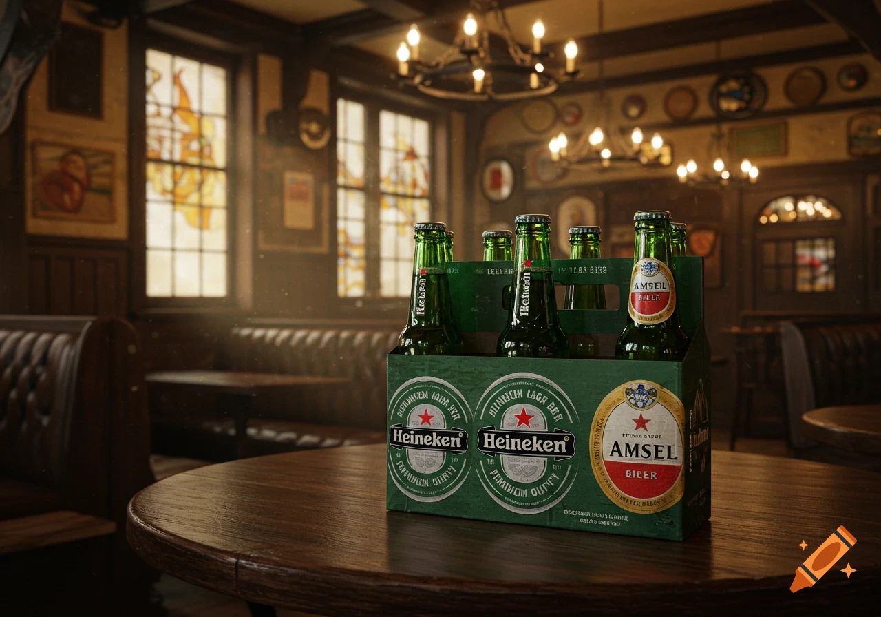 Photorealistic image of a six-pack beer carrier with Heineken and Amstel bottles on a wooden table in an old-fashioned bar.