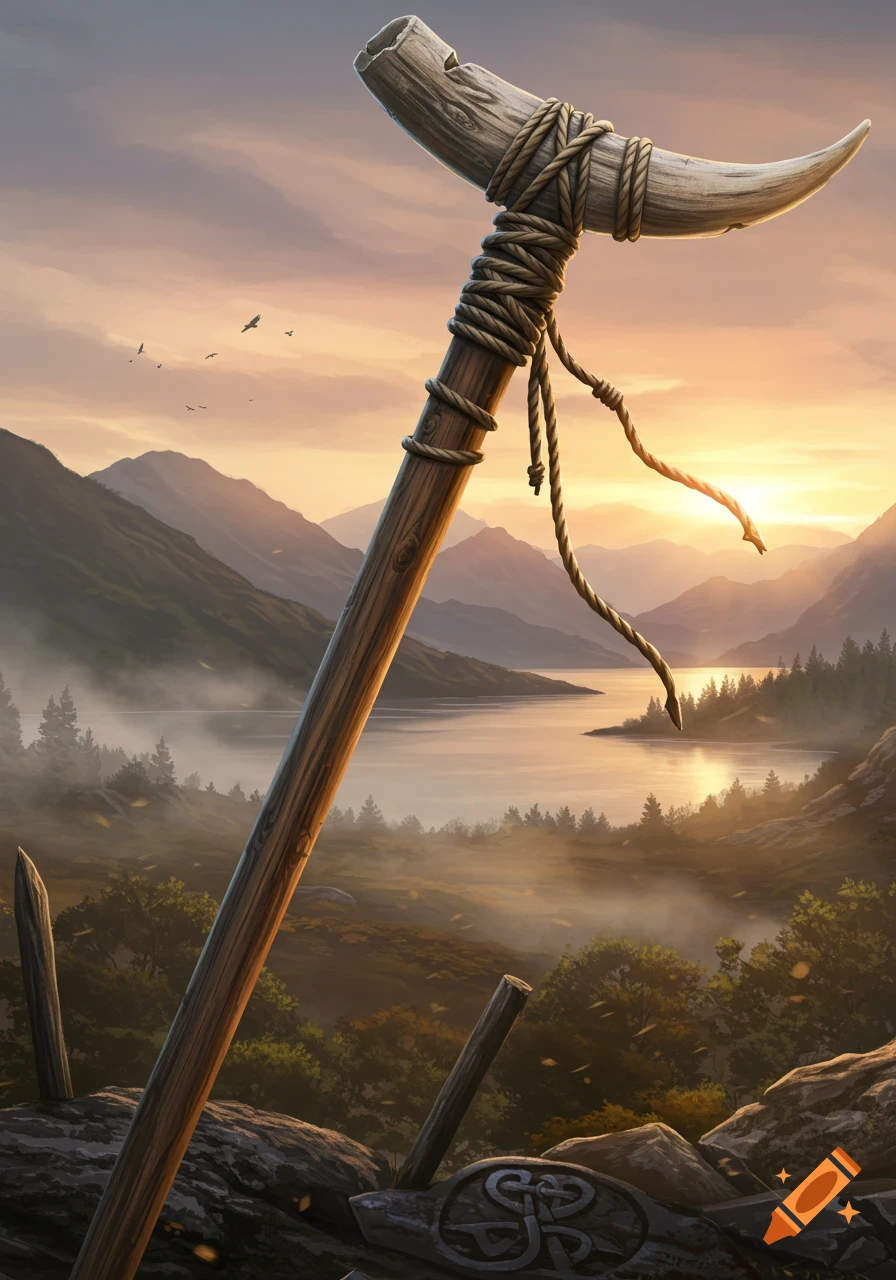 A wooden spear with a bull horn tip tied with rope stands against a scenic mountain lake landscape at sunset.
