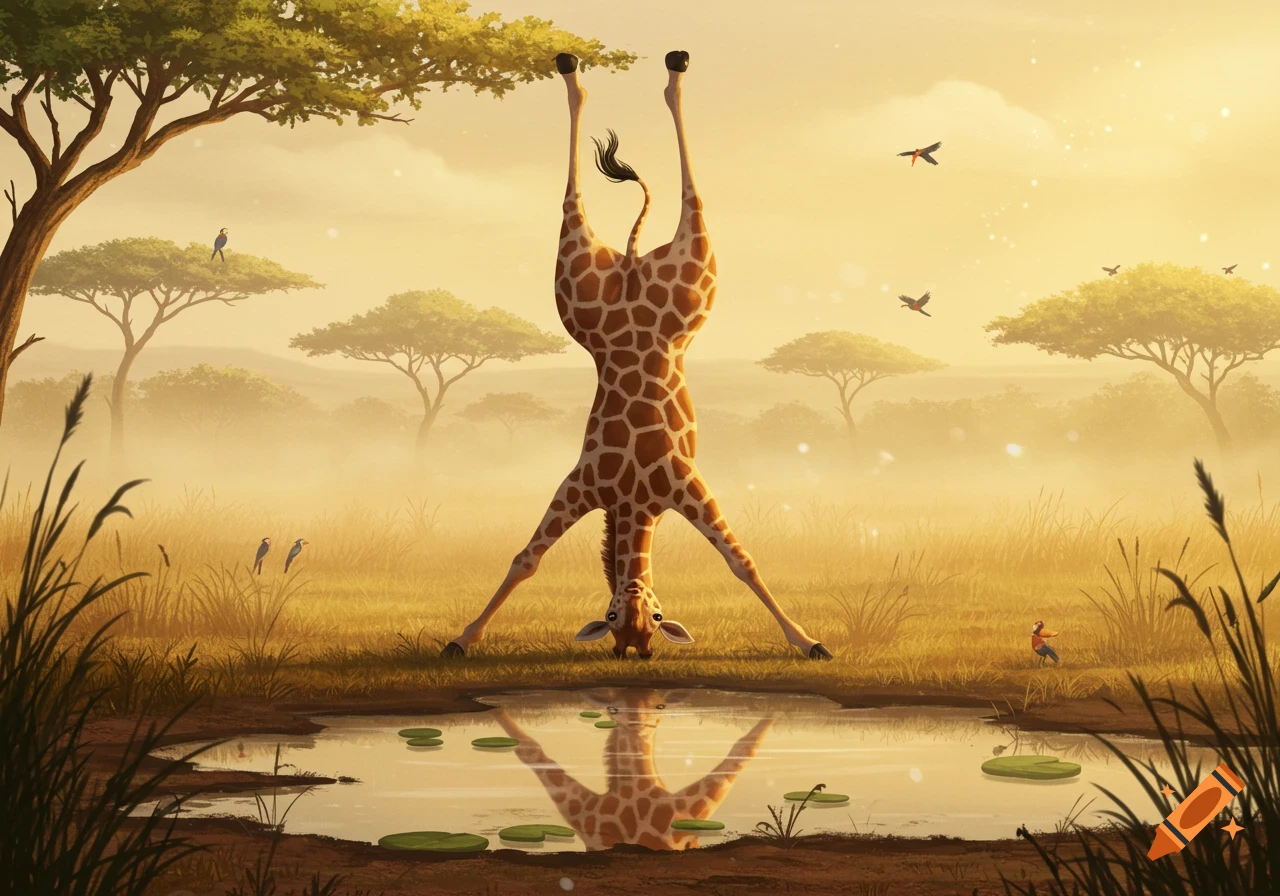 An illustration of a giraffe doing a headstand to drink water from a pond in a golden savanna landscape.