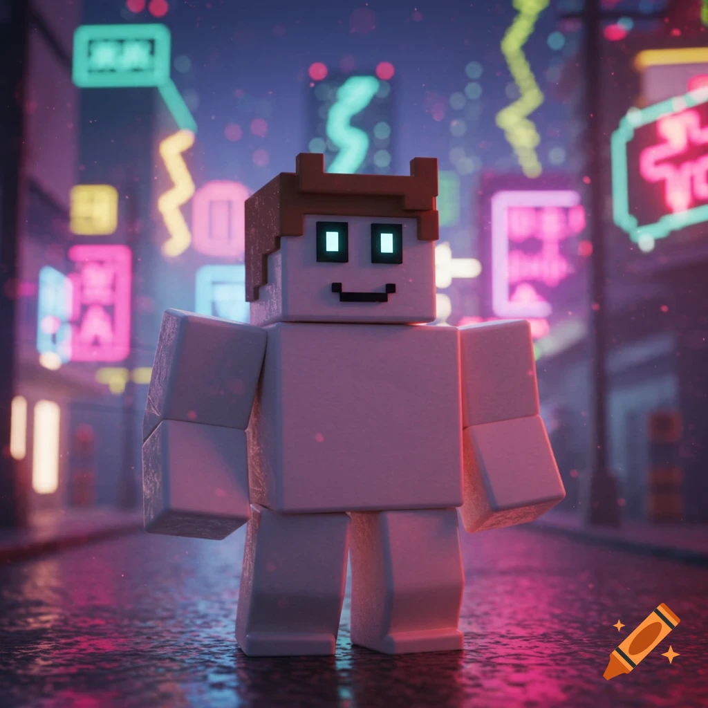 A blocky, humanoid character stands on a wet city street at night, surrounded by blurred neon lights, in a 3D rendered style.
