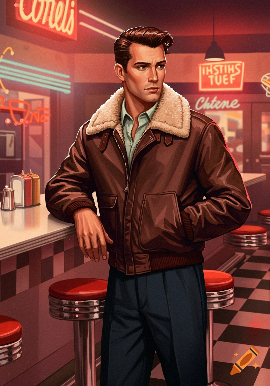 A man in a brown bomber jacket with a fur collar stands in a 1950s-style diner with red neon lights.