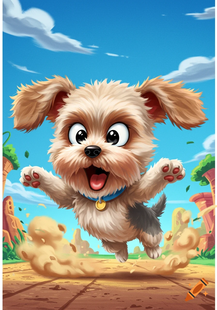 A fluffy, cartoon morkie dog leaps with excitement, kicking up dirt, under a bright blue sky.