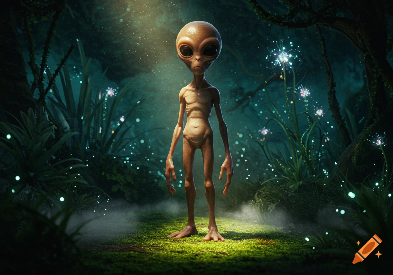 A photorealistic alien with large dark eyes and a slender, brown body stands in a mystical, bioluminescent forest at night.
