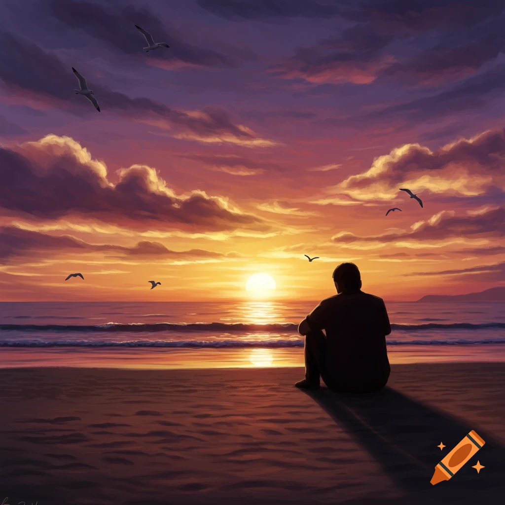 A man sits on a beach, silhouetted against a vibrant orange and purple sunset over the ocean, with seagulls flying above.