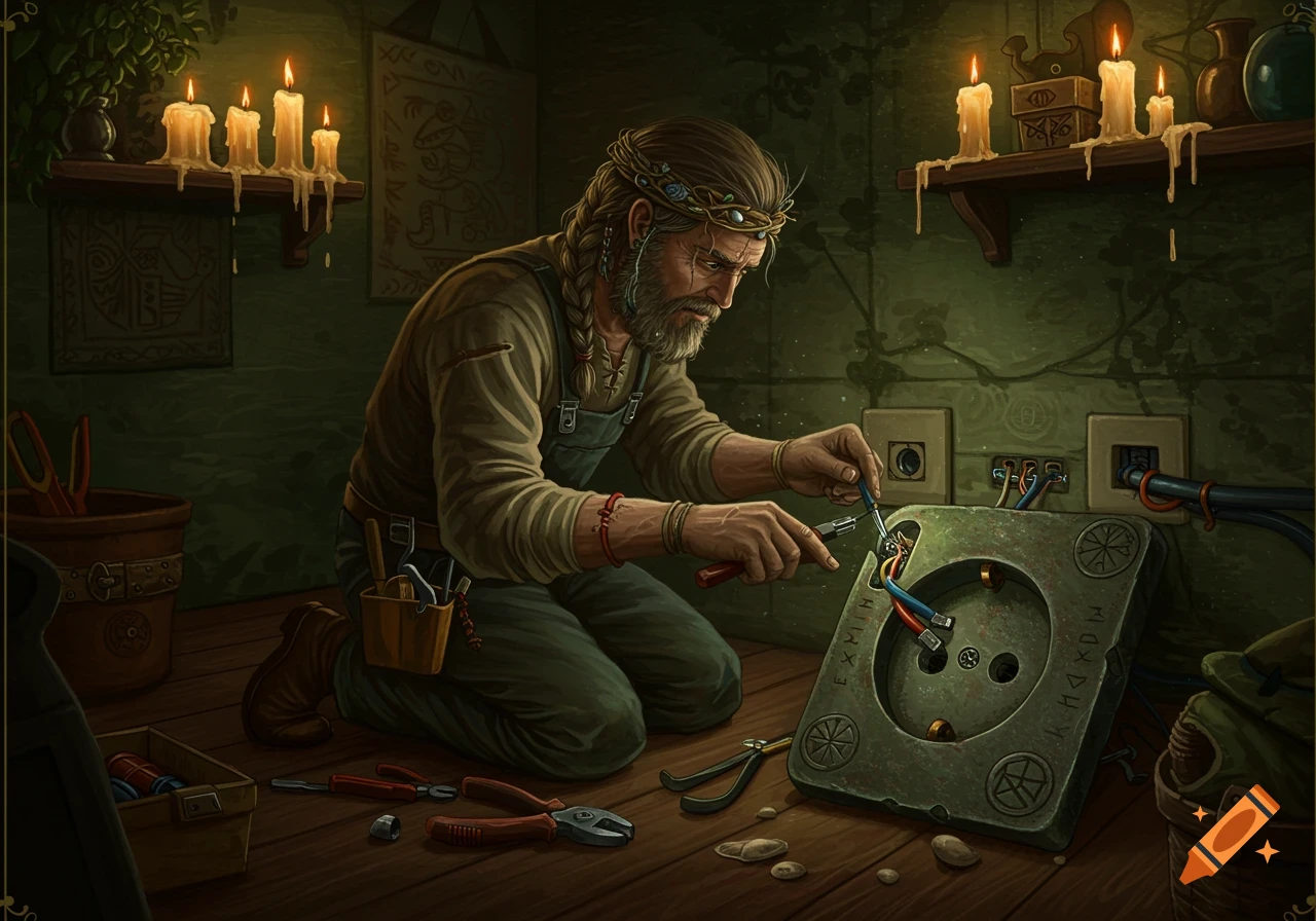 A bearded man with a crown of leaves, dressed as an electrician, kneels to work on a large, stone electrical socket in a dimly lit, ancient-looking room with candles.