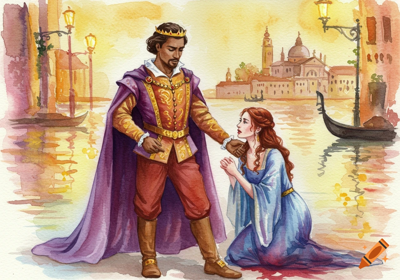 A king in purple and gold robes stands over a woman kneeling in a blue dress, in a watercolor scene of Venice with canals and buildings.