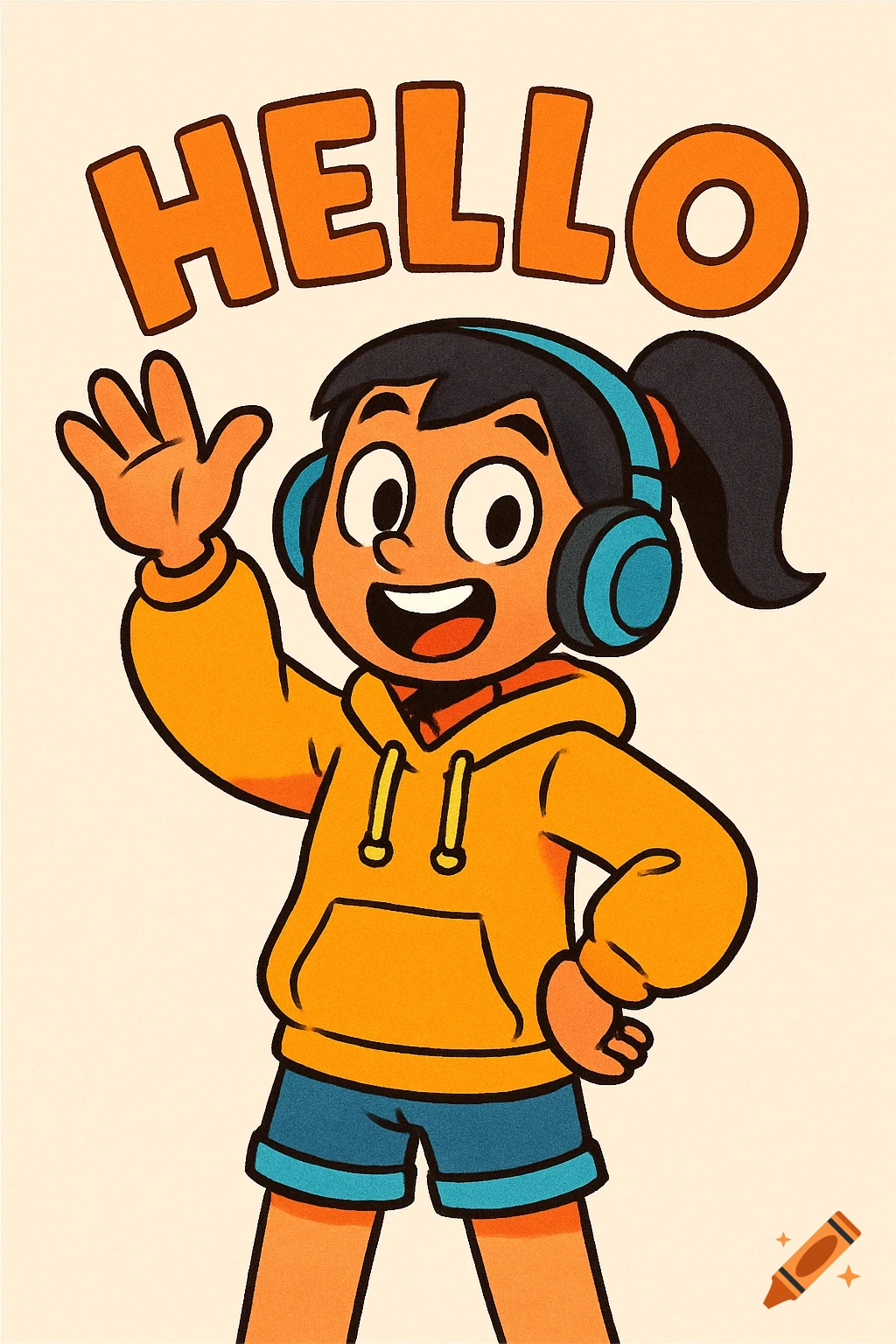 A cheerful cartoon character with a ponytail, blue headphones, orange hoodie, and blue shorts waves below large "HELLO" text.