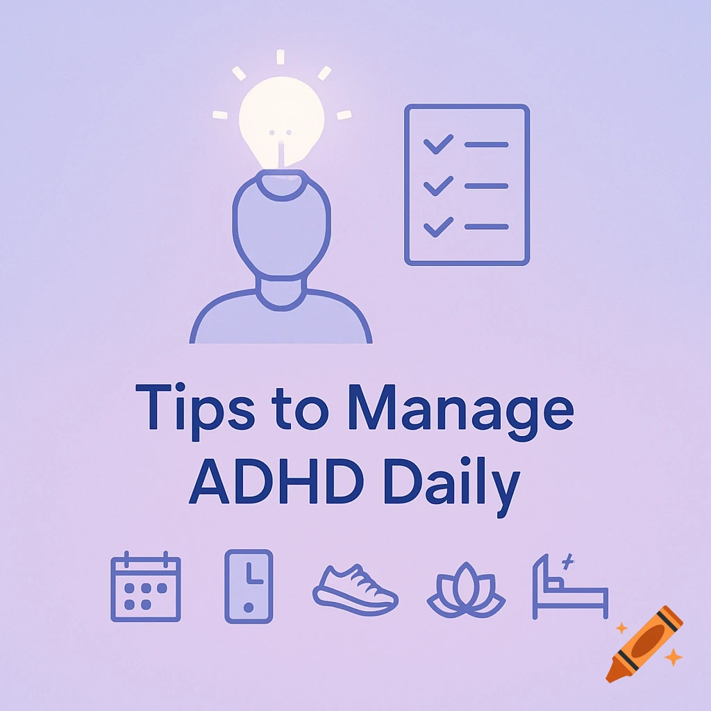 Minimalist illustration with a lightbulb above a person's head, a checklist, and icons for daily routine, with text 'Tips to Manage ADHD Daily'.